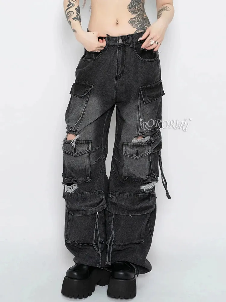 Multi-Pocket High Waist Wide Leg Ripped Vintage Pant