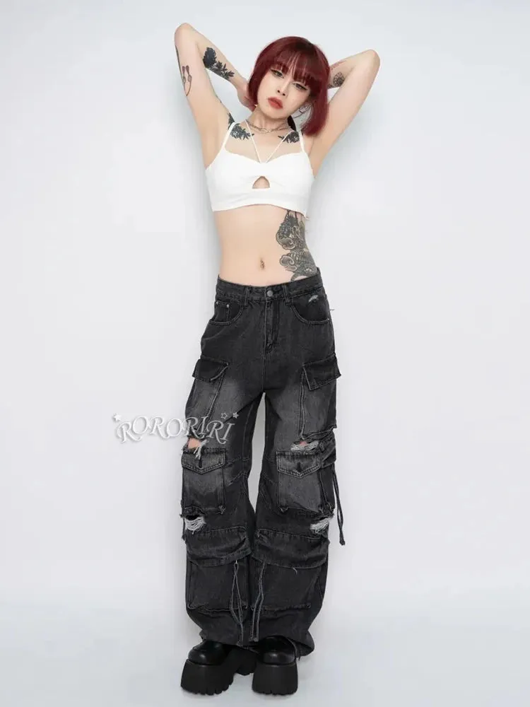 Multi-Pocket High Waist Wide Leg Ripped Vintage Pant