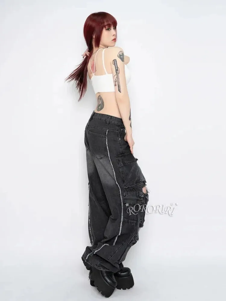 Multi-Pocket High Waist Wide Leg Ripped Vintage Pant