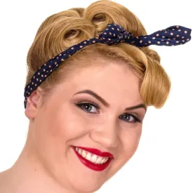 Navy And Nude Pink Polka Dot Print Vintage Headscarf