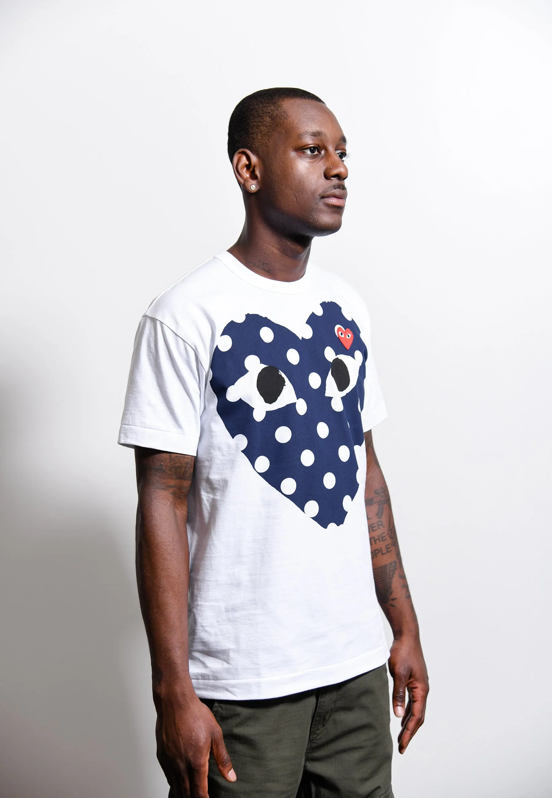 Navy Polka Dot Chest Print Red Emblem Tee White T234