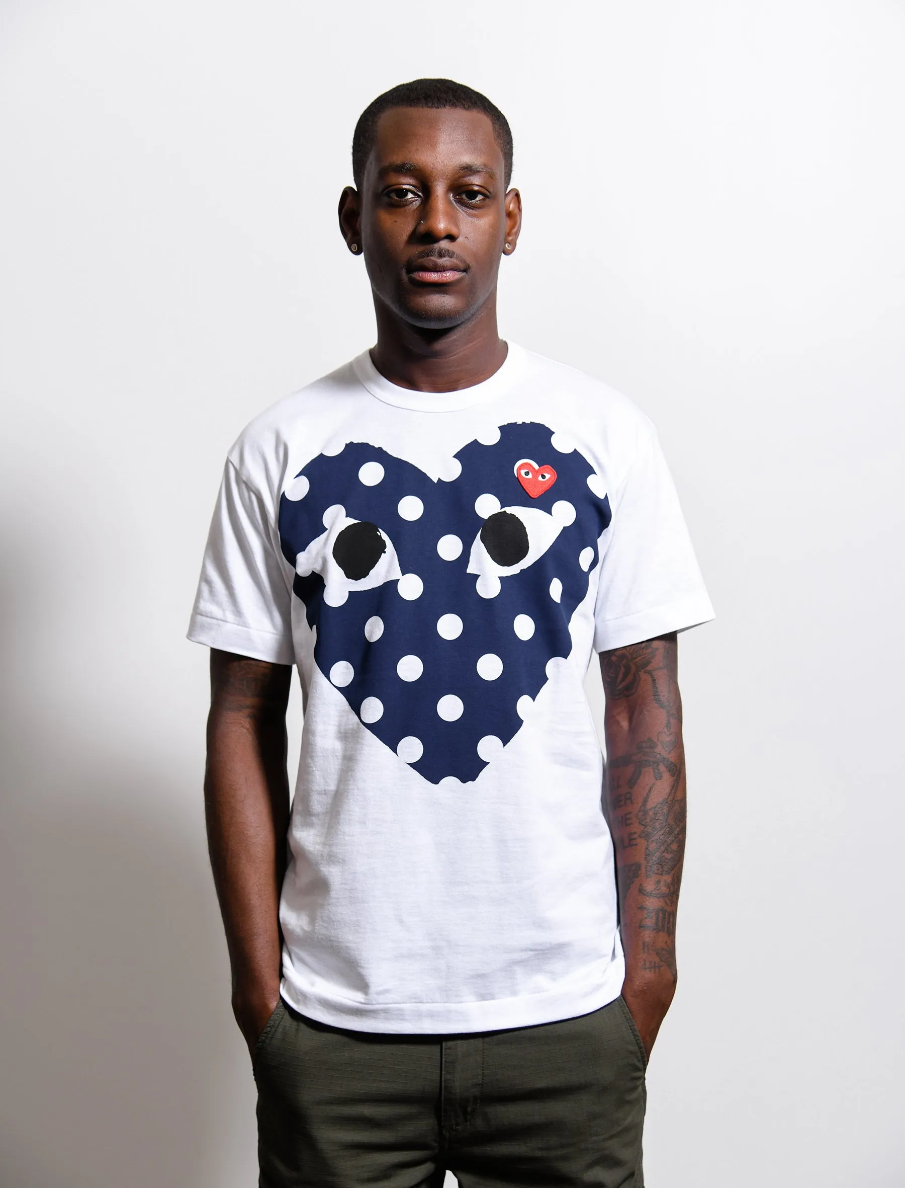 Navy Polka Dot Chest Print Red Emblem Tee White T234