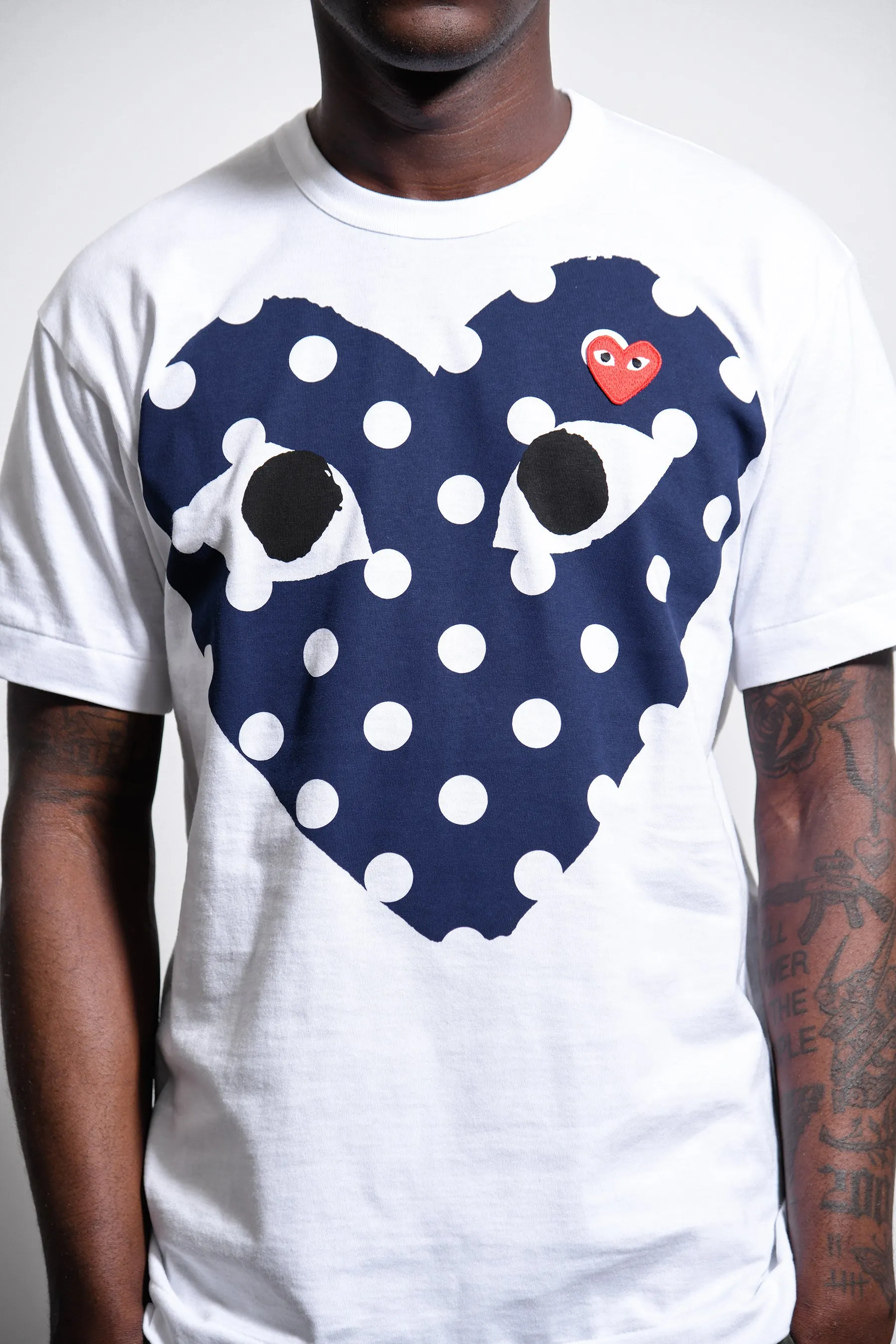 Navy Polka Dot Chest Print Red Emblem Tee White T234