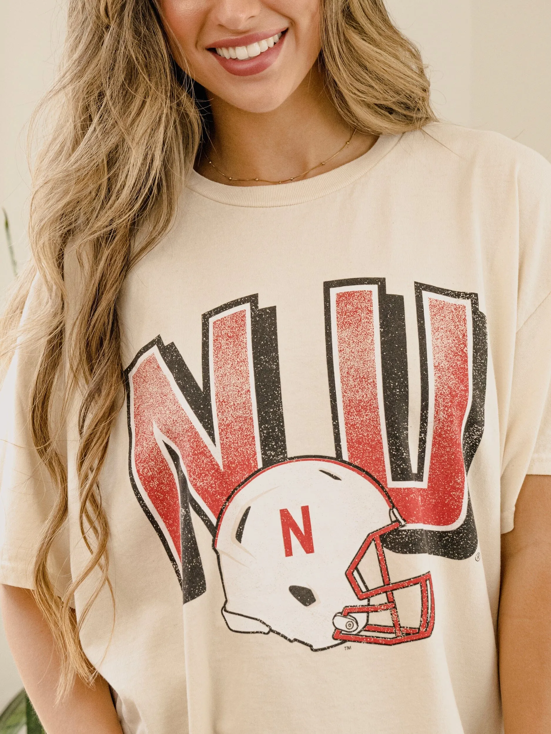 Nebraska Huskers Helmet Fade Off White Thrifted Tee