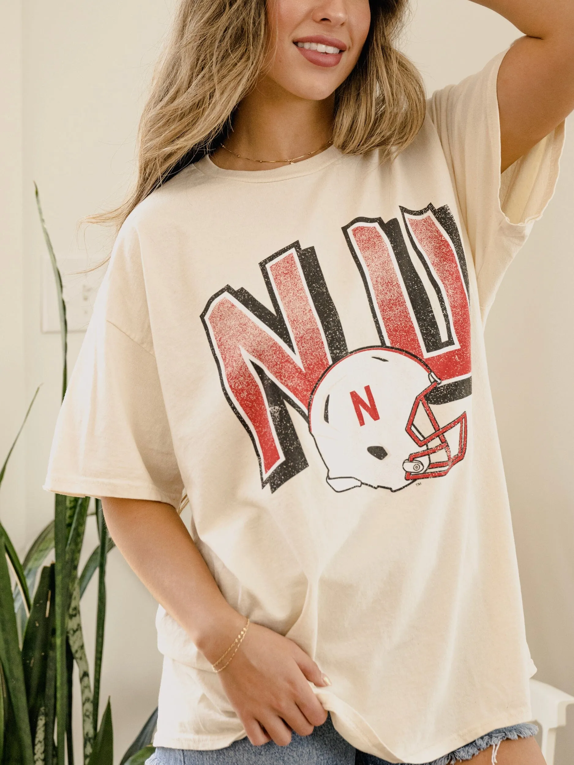 Nebraska Huskers Helmet Fade Off White Thrifted Tee