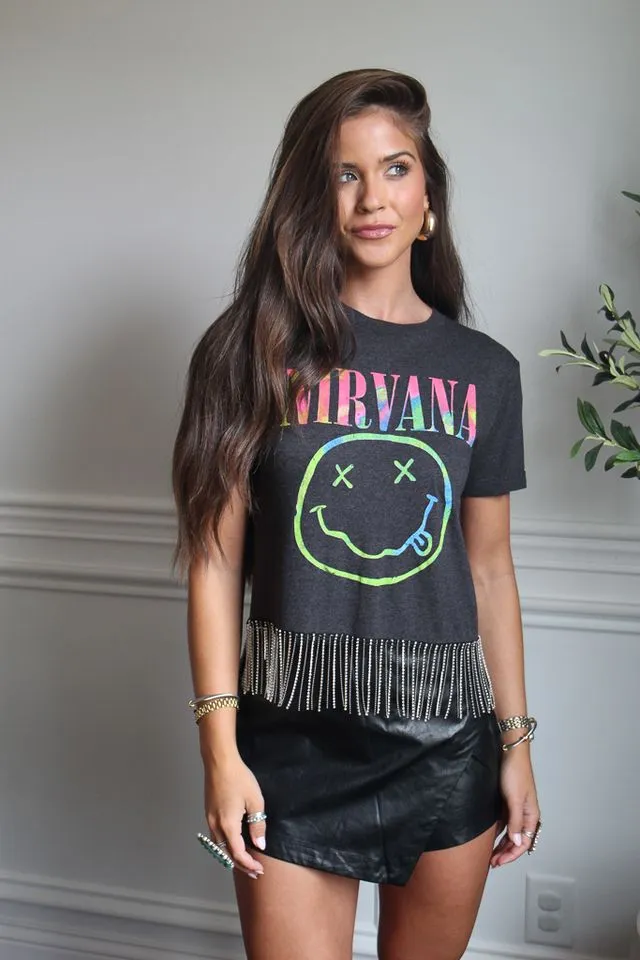 Nirvana Cropped Rhinestone Fringe Tee