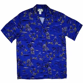 Old Hawaiian Retro Print with Pineapple and Palm Tree Shirt- Blue