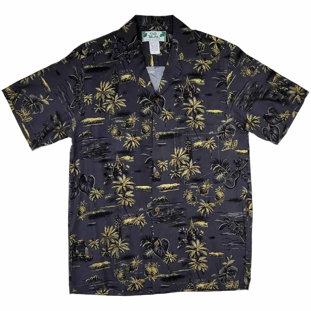 Old Hawaiian Retro Print with Pineapple and Palm Tree Shirt- Blue