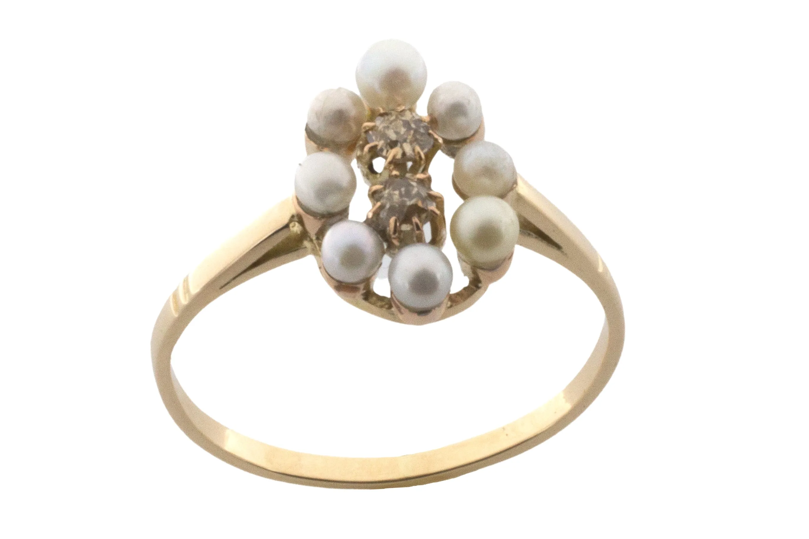 Pearl and old cut diamond ring in 14 carat gold