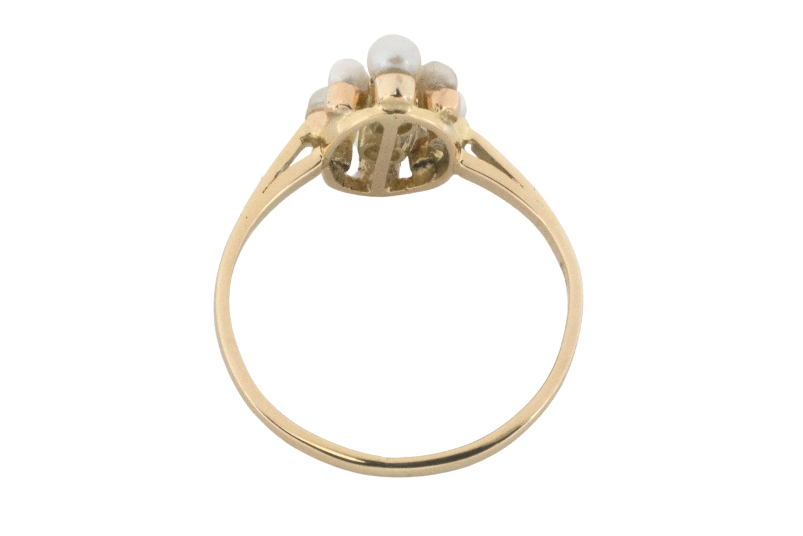 Pearl and old cut diamond ring in 14 carat gold