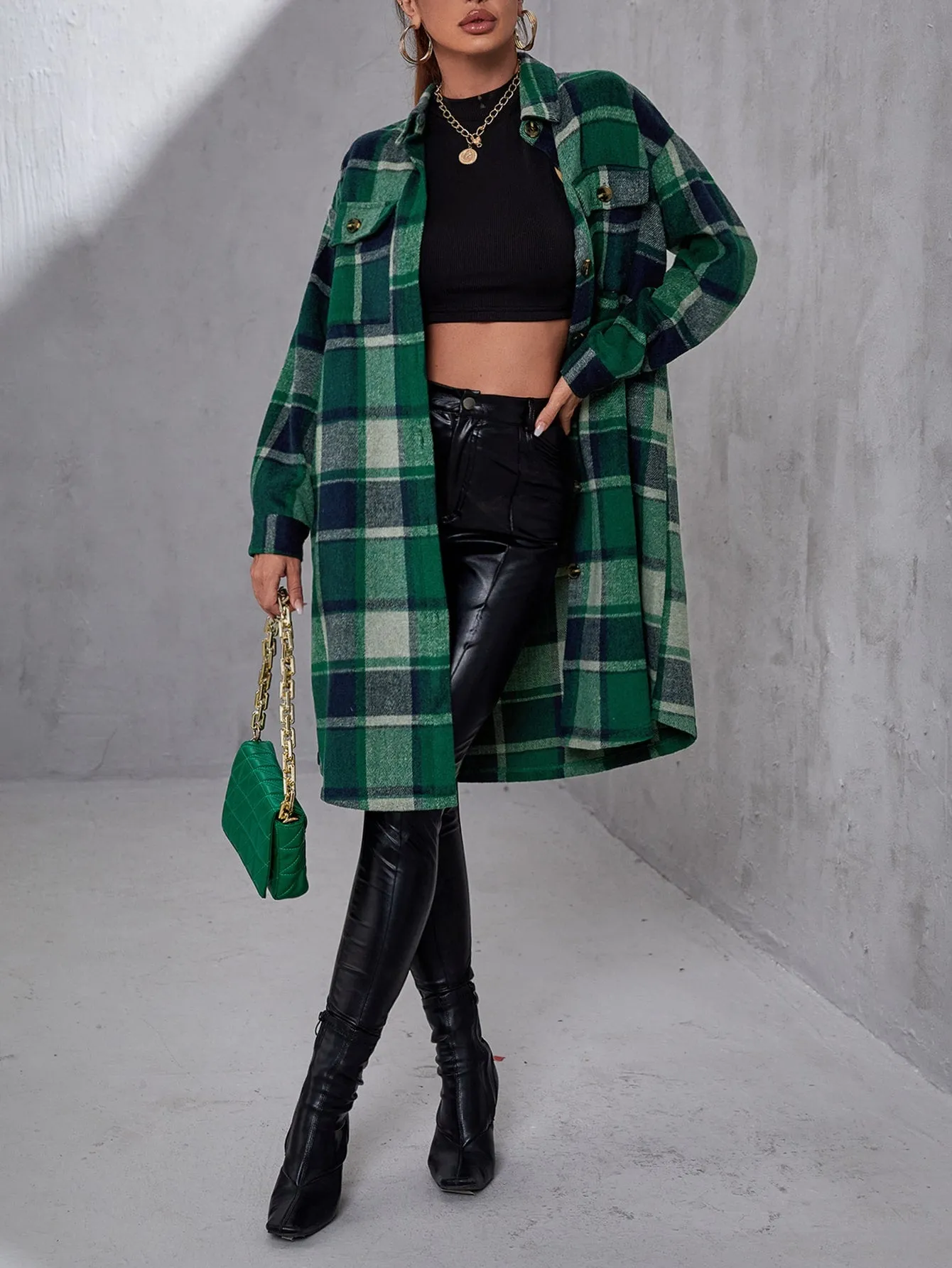 Plaid Flap Pocket Drop Shoulder Coat