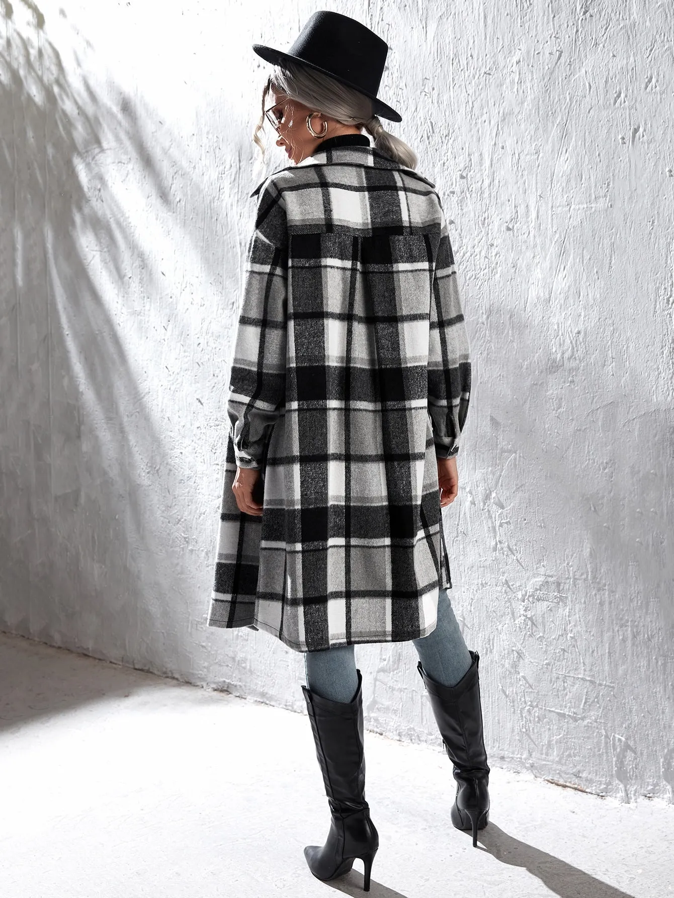 Plaid Flap Pocket Drop Shoulder Coat