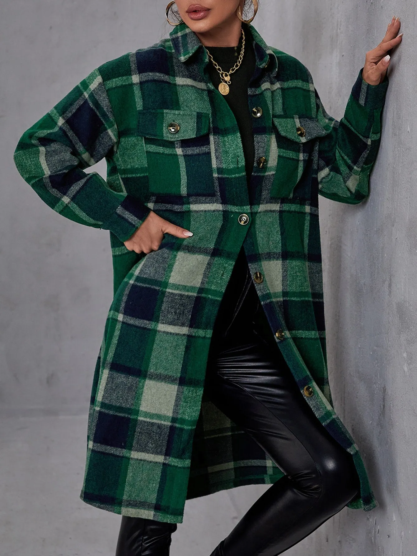 Plaid Flap Pocket Drop Shoulder Coat