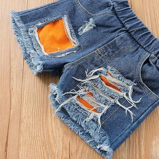 PP-Kids Baby Girls Summer Outfits Ice Cream Pompom T-Shirt Top   Ripped Denim Jeans Shorts Clothes Set PP516