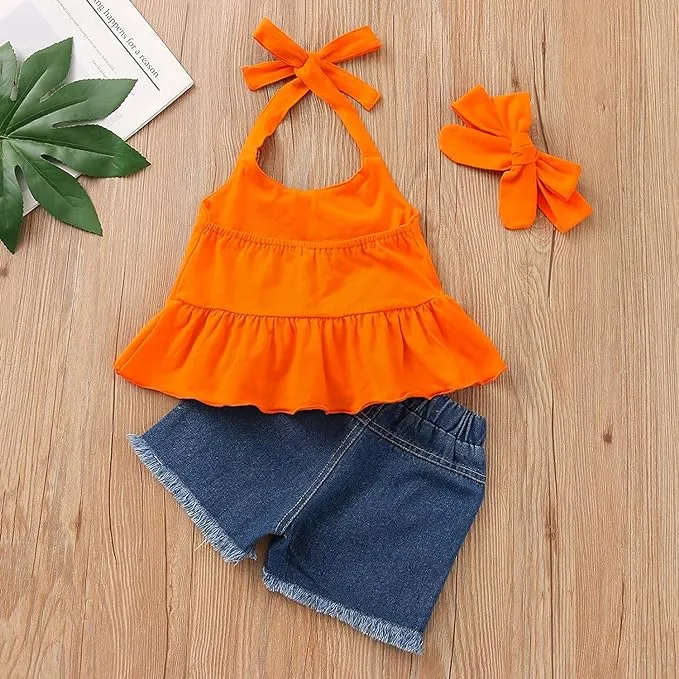 PP-Kids Baby Girls Summer Outfits Ice Cream Pompom T-Shirt Top   Ripped Denim Jeans Shorts Clothes Set PP516