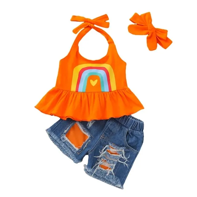 PP-Kids Baby Girls Summer Outfits Ice Cream Pompom T-Shirt Top   Ripped Denim Jeans Shorts Clothes Set PP516