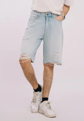 Ripped Denim Shorts - Light Blue Wash