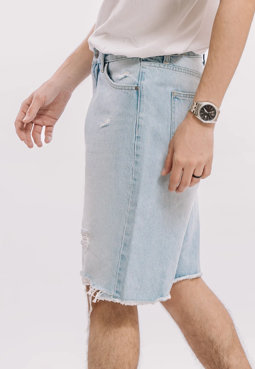 Ripped Denim Shorts - Light Blue Wash