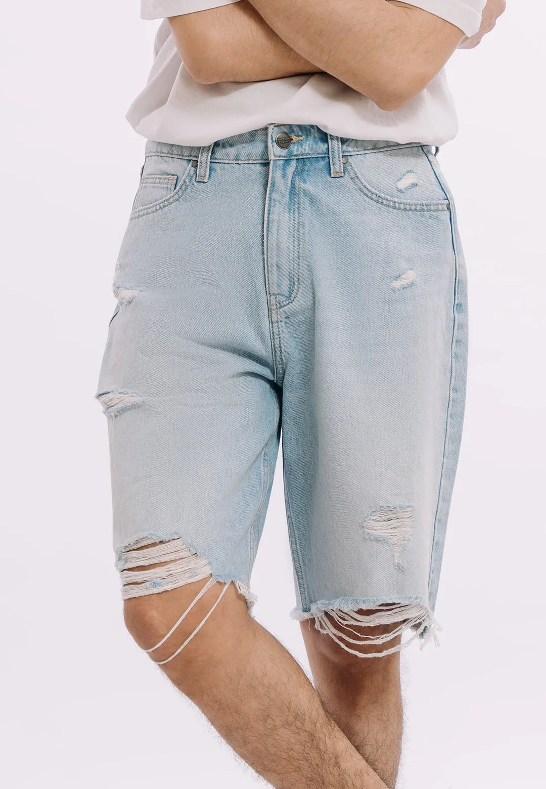 Ripped Denim Shorts - Light Blue Wash