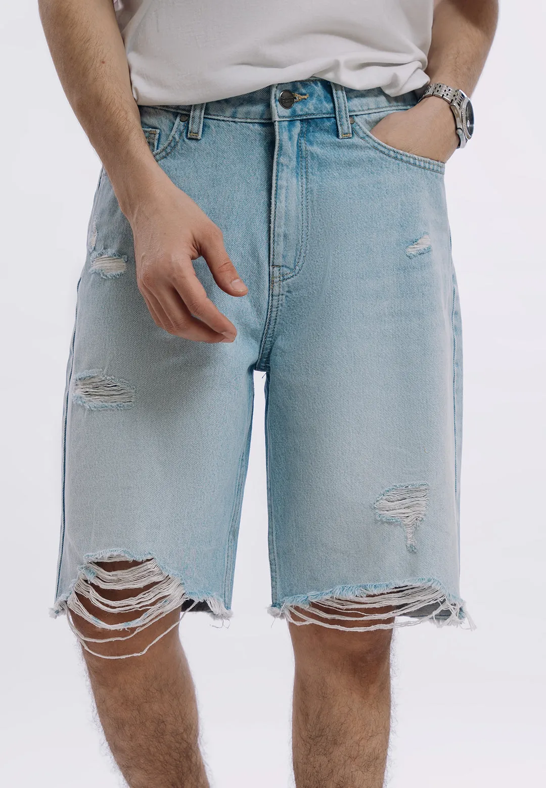 Ripped Denim Shorts - Light Blue Wash