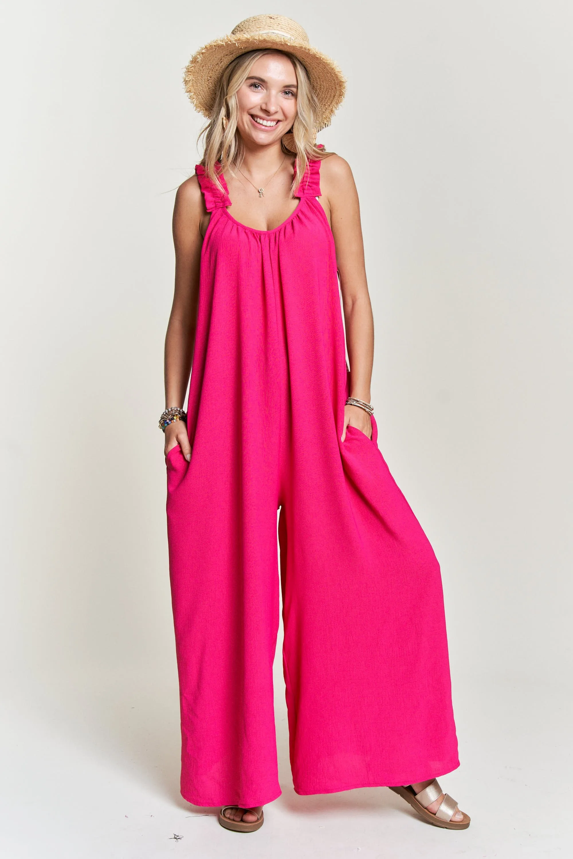 Ruffled Shoulder Strap Wide Leg Jumpsuit- Fuchsia