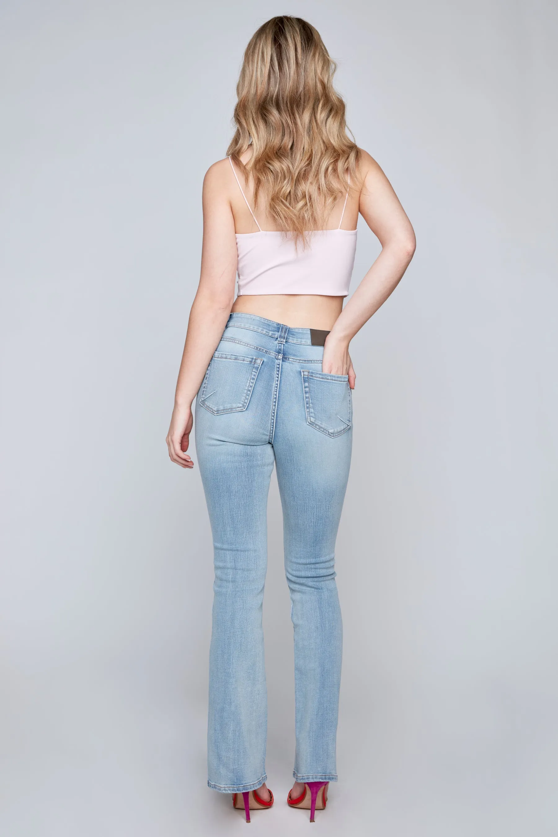 STEVIE - Mid Rise Pintuck Flare Jean - Vintage Bleach Flex Denim