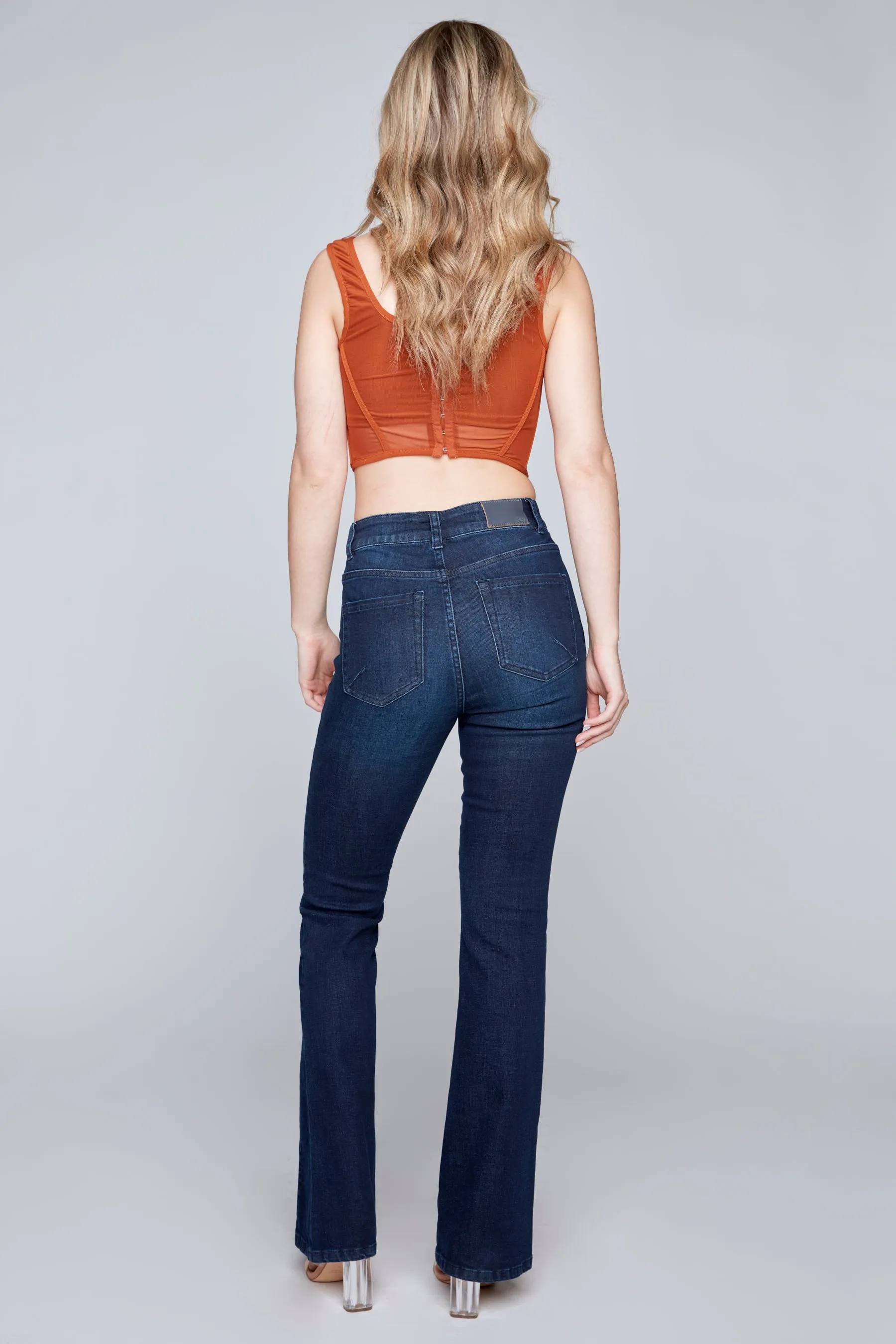 STEVIE - Mid Rise Pintuck Flare Jean - Vintage Dark Indigo Rinse Flex Denim