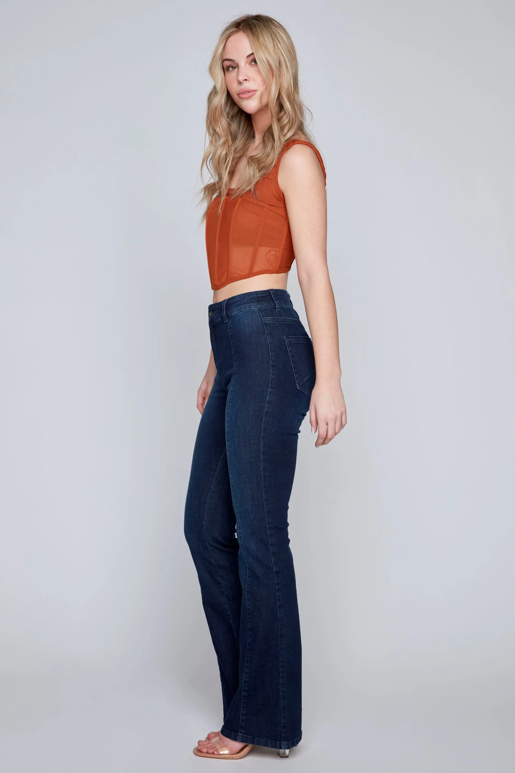 STEVIE - Mid Rise Pintuck Flare Jean - Vintage Dark Indigo Rinse Flex Denim