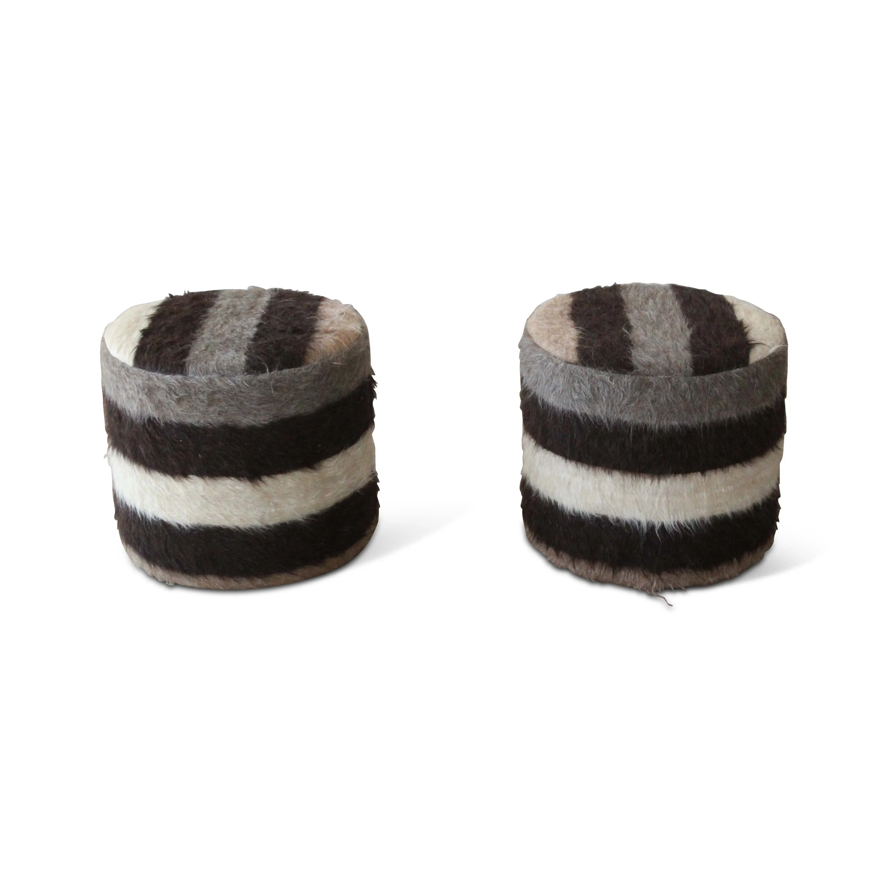 Striped Shaggy Wool Mohair Upholstered Stool