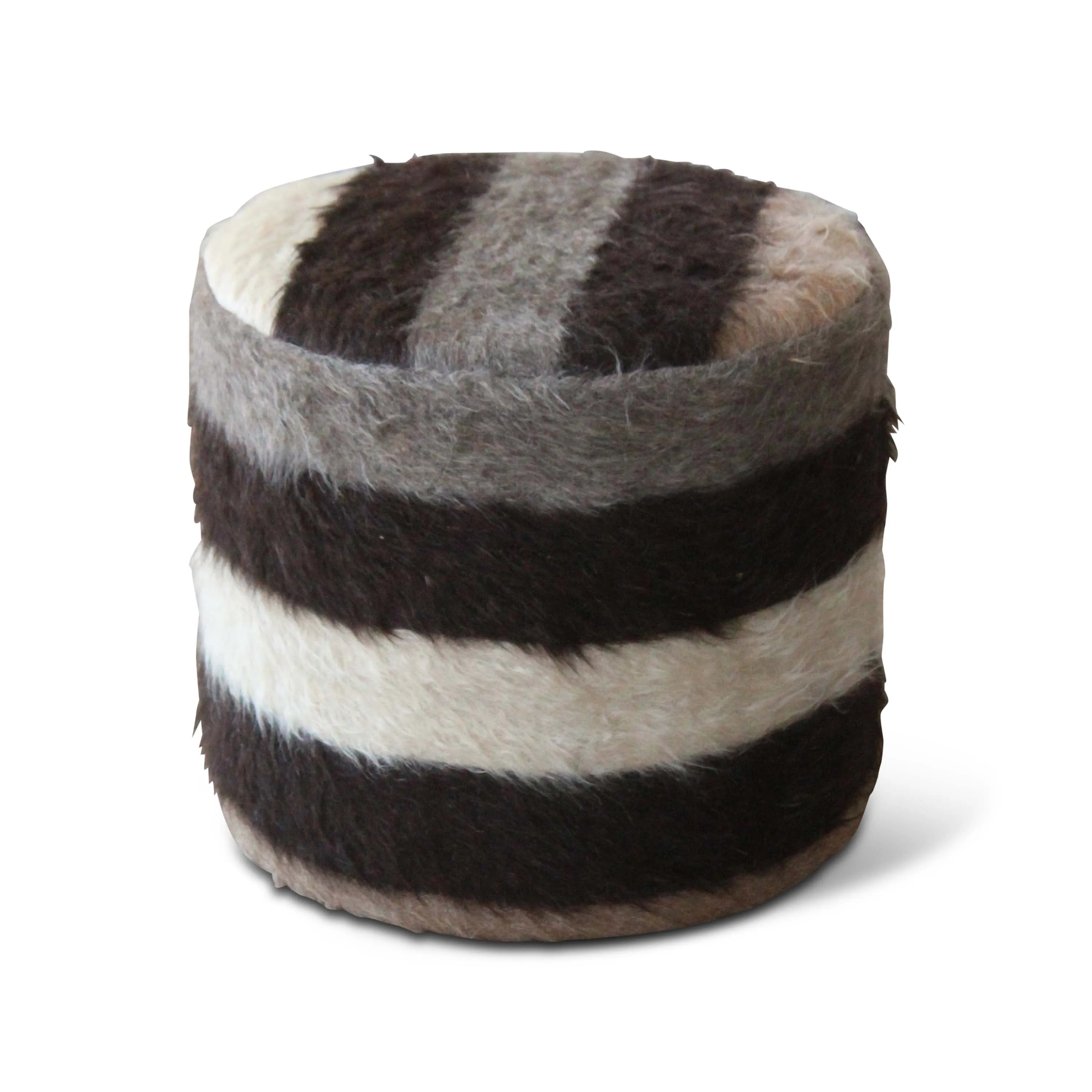 Striped Shaggy Wool Mohair Upholstered Stool