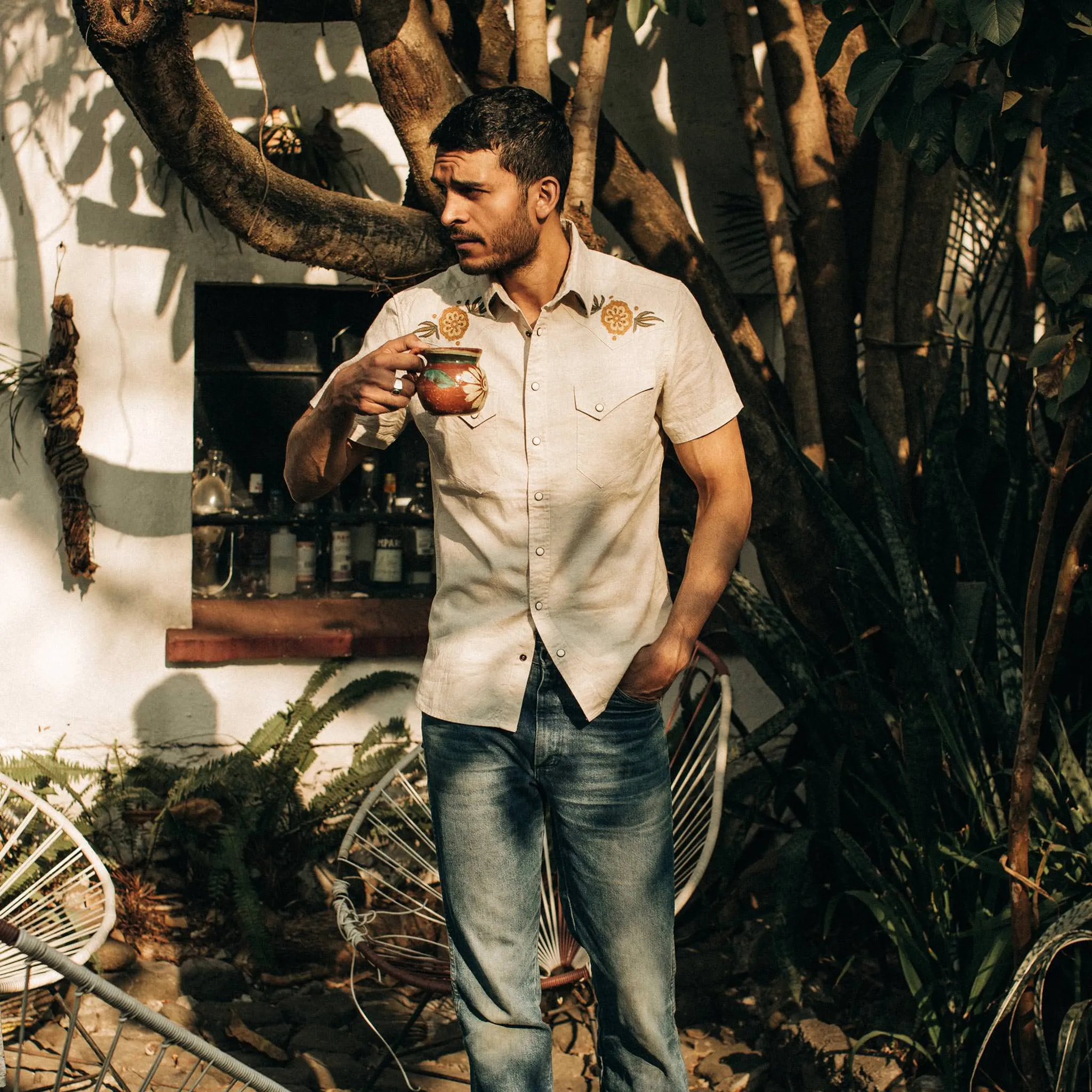 The Embroidered Short Sleeve Western in Natural