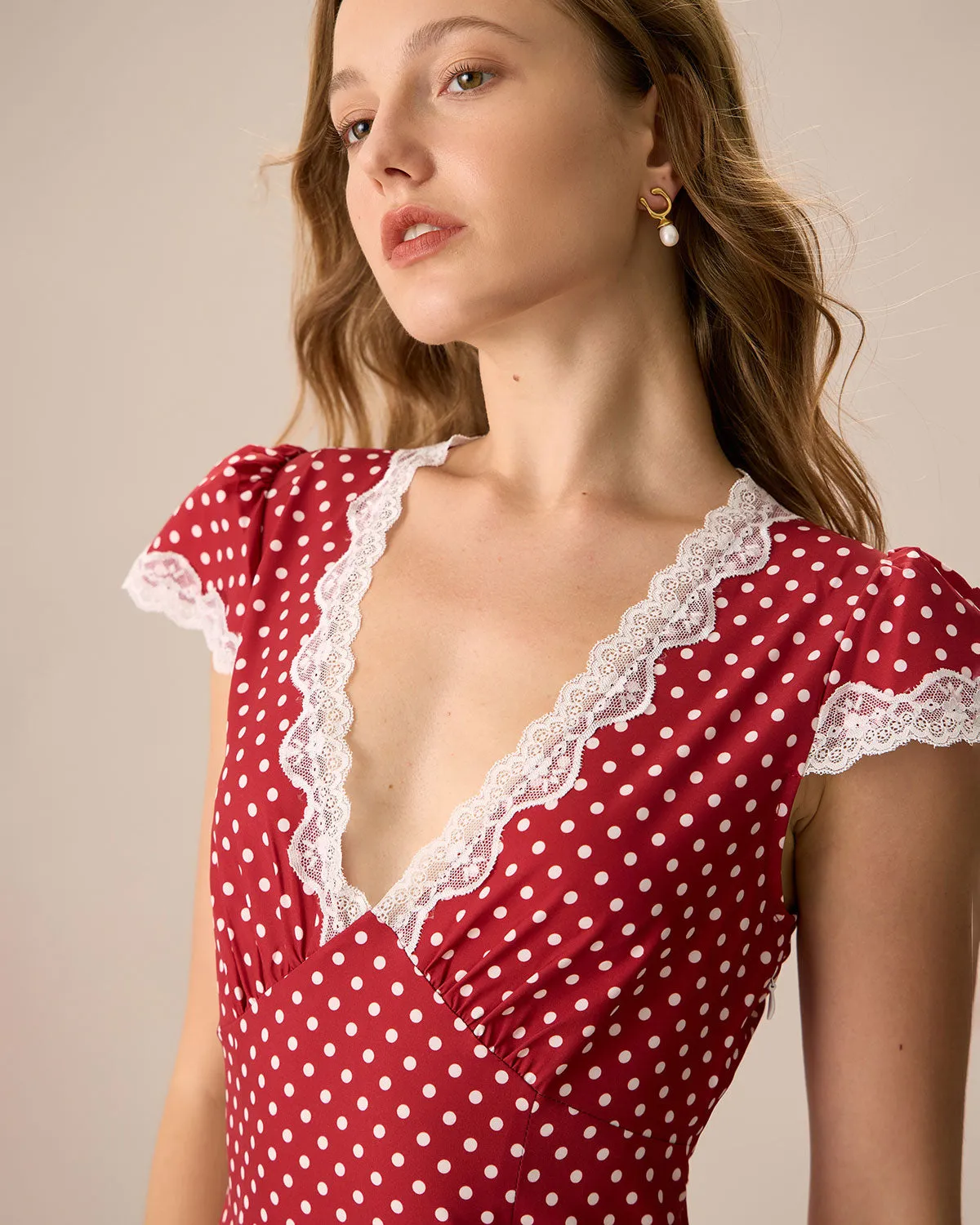 The Red V Neck Polka Dot Lace Ruched Maxi Dress