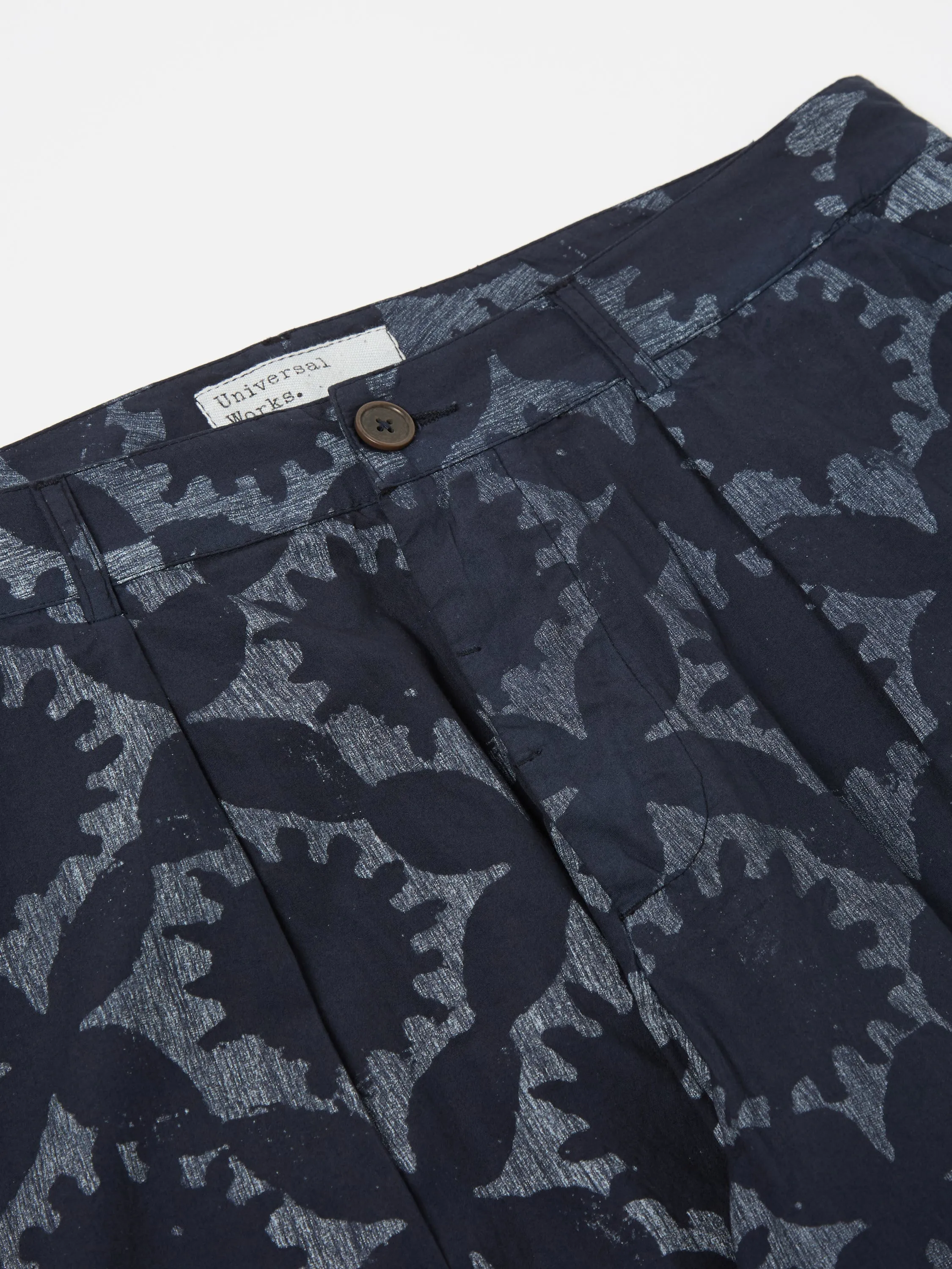 Universal Works Duke Pant in Navy Over Dyed Sun Print