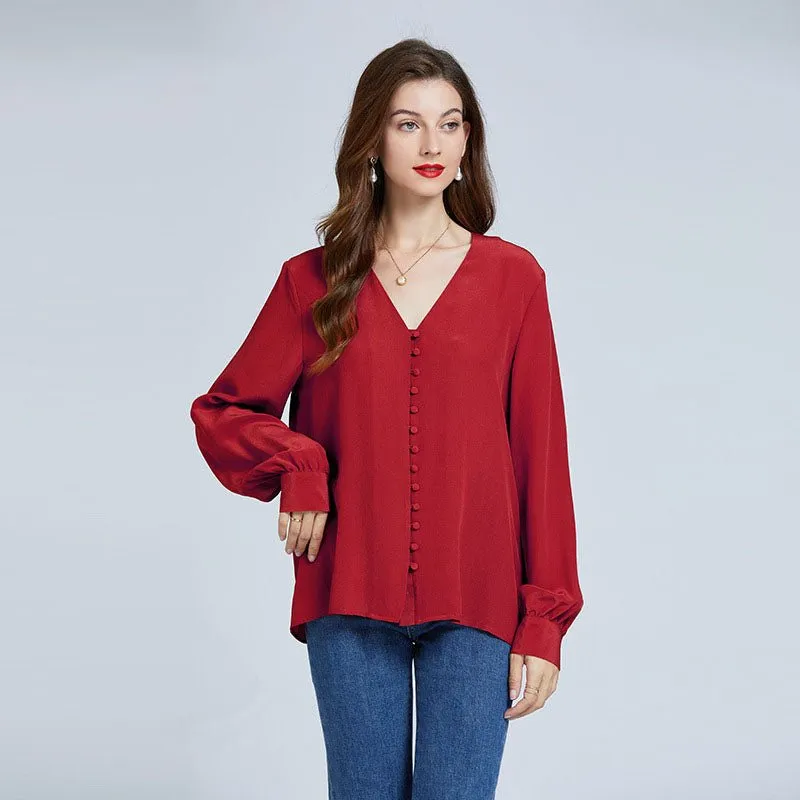 V Neck 100%  Mulberry Silk Shirts  Long Sleeve Silk Top Blouse For Women