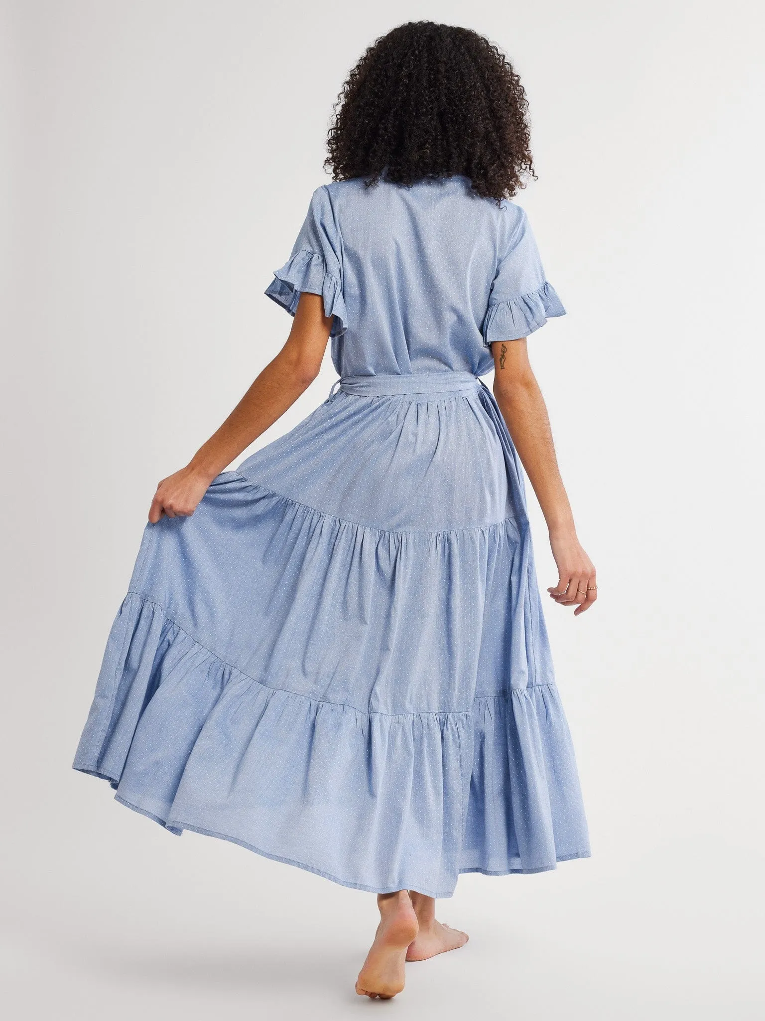 Victoria Dress in Chambray Polka Dot