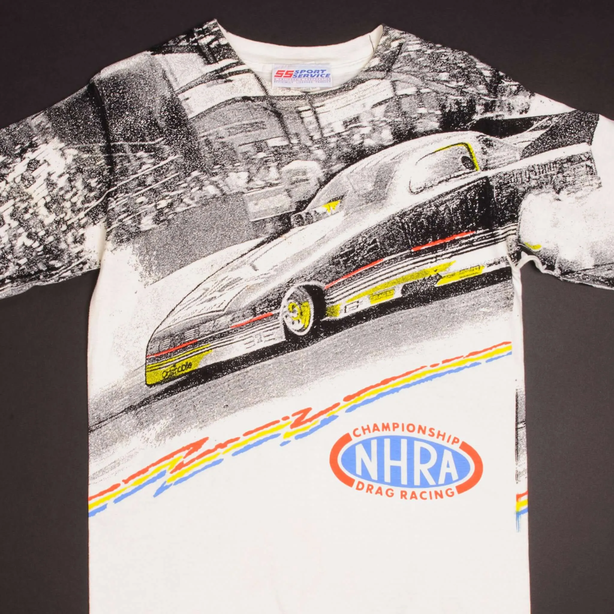 VINTAGE ALL OVER PRINT RACING NHRA DRAG RACING 1990S TEE SHIRT MEDIUM MADE USA