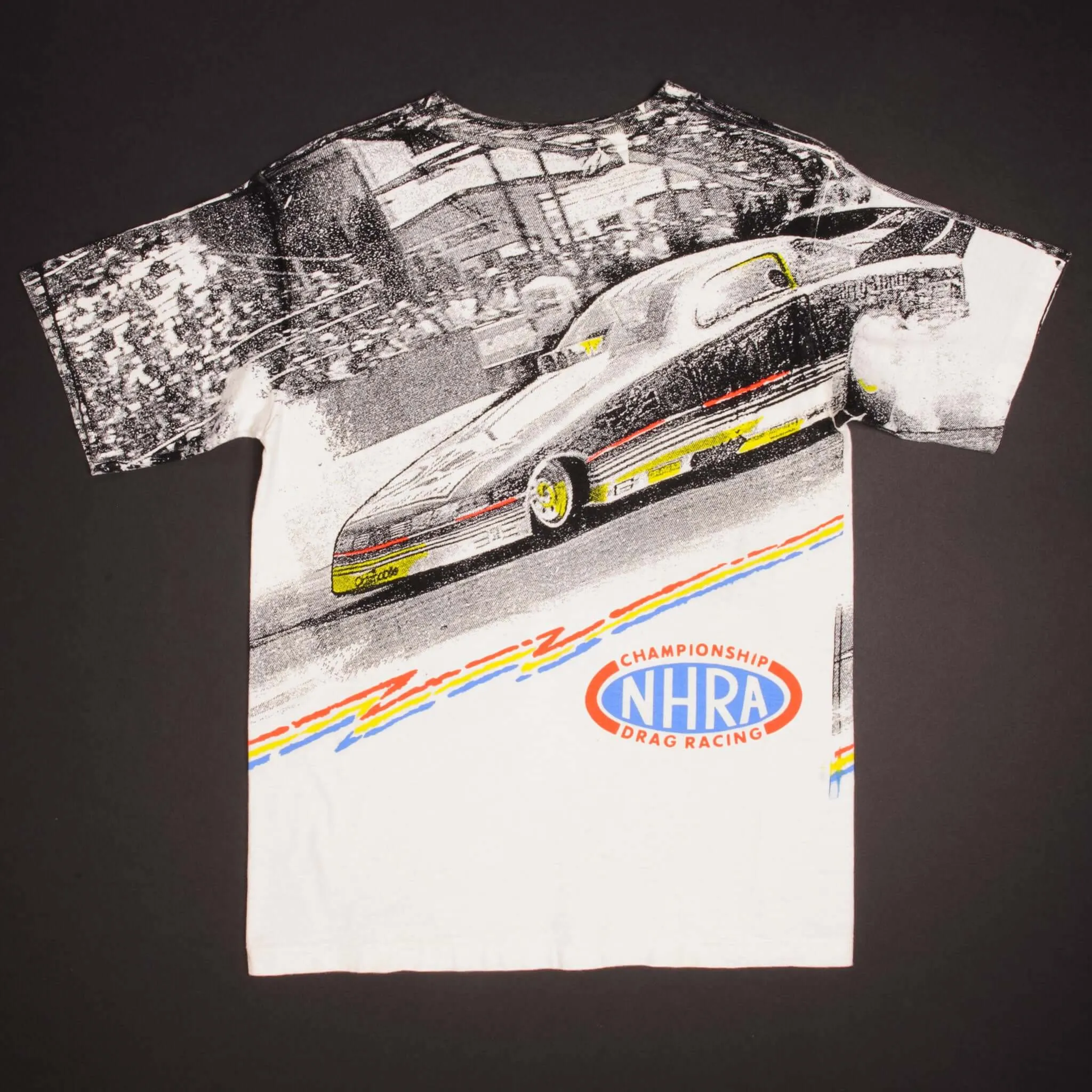 VINTAGE ALL OVER PRINT RACING NHRA DRAG RACING 1990S TEE SHIRT MEDIUM MADE USA