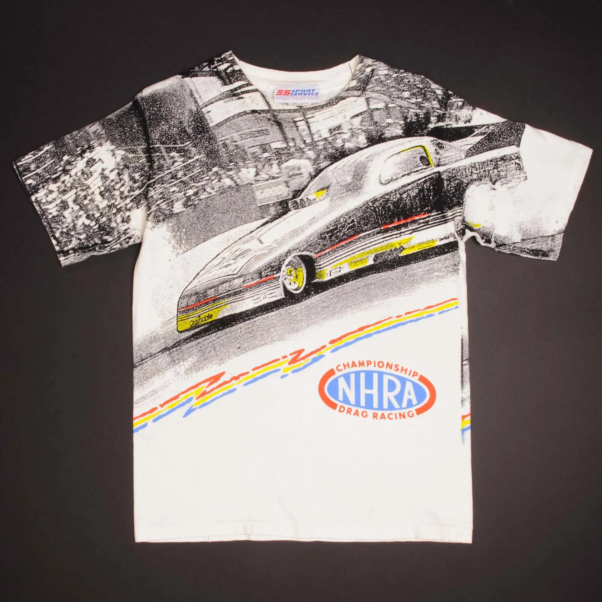 VINTAGE ALL OVER PRINT RACING NHRA DRAG RACING 1990S TEE SHIRT MEDIUM MADE USA