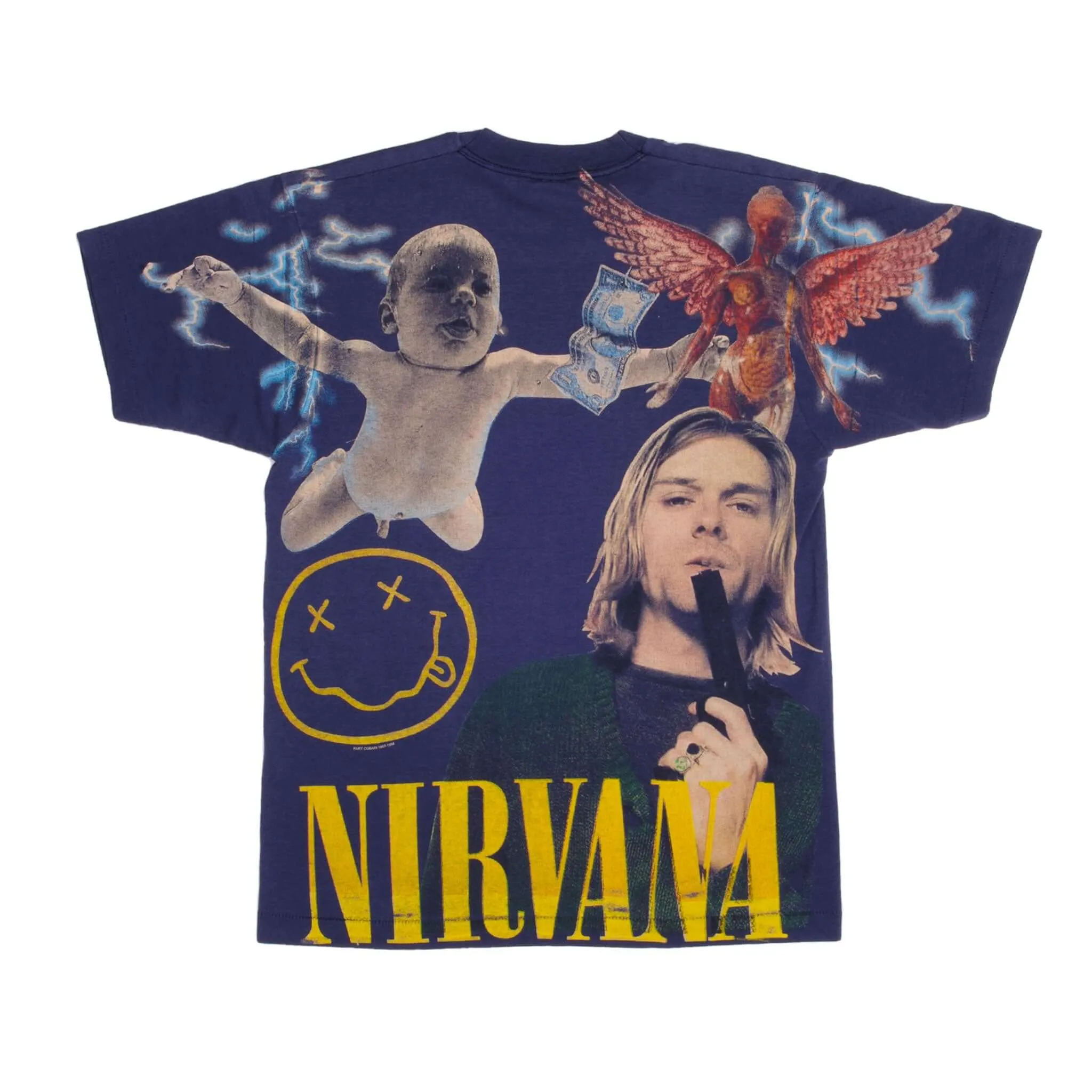 VINTAGE BOOTLEG ALL OVER PRINT NIRVANA KURT COBAIN 1994 TEE SHIRT LARGE MADE USA