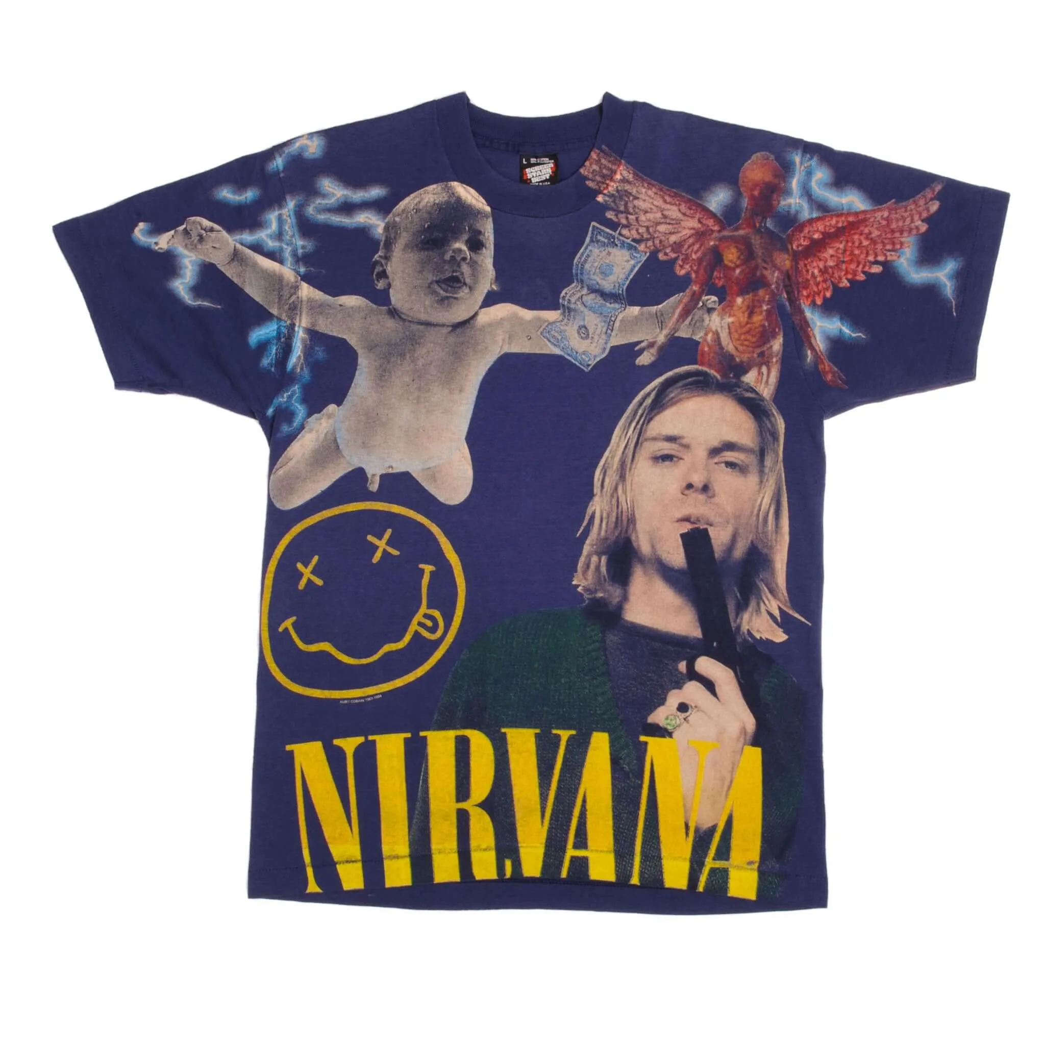 VINTAGE BOOTLEG ALL OVER PRINT NIRVANA KURT COBAIN 1994 TEE SHIRT LARGE MADE USA