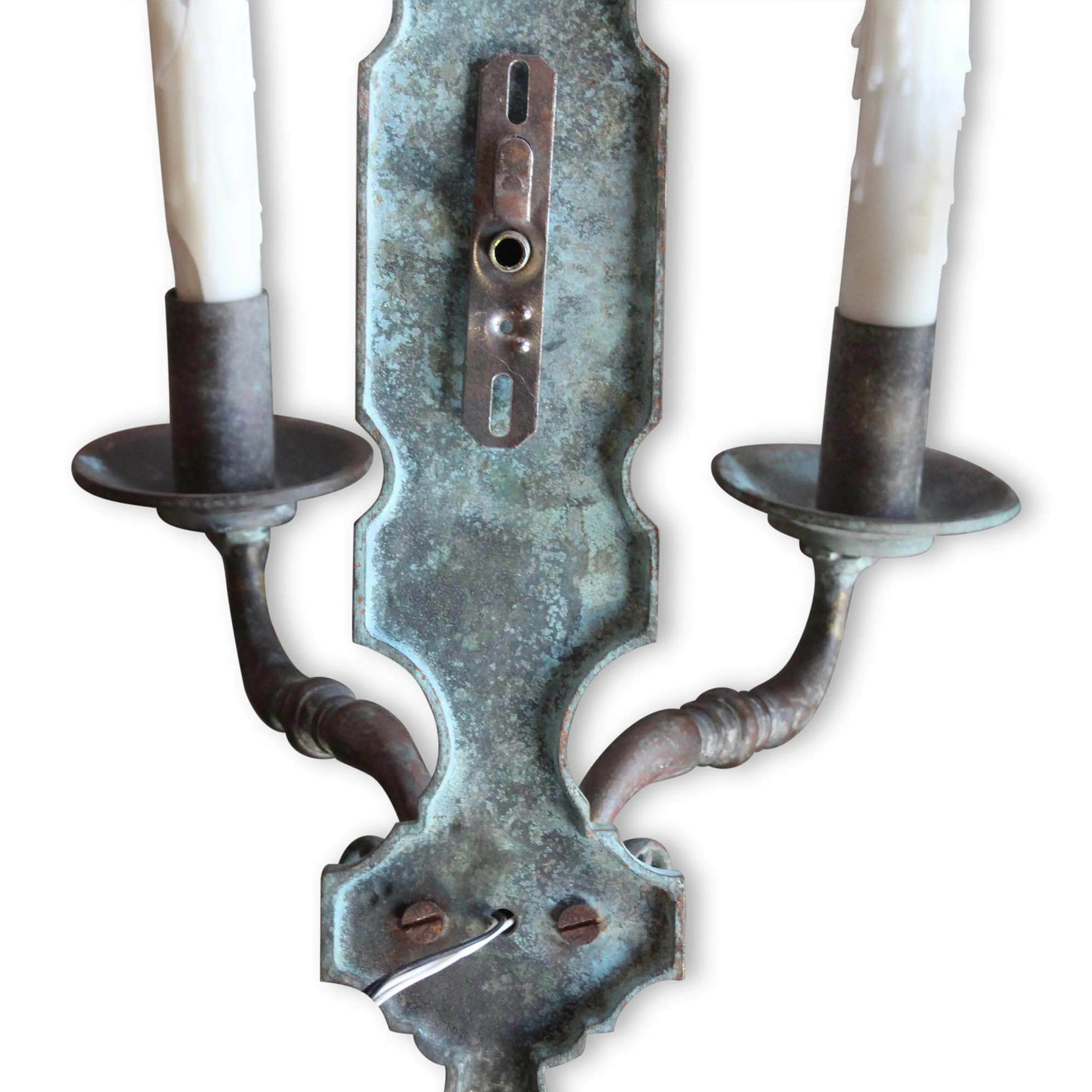 Vintage Pair of Iron Sconces with Verdigris Patina