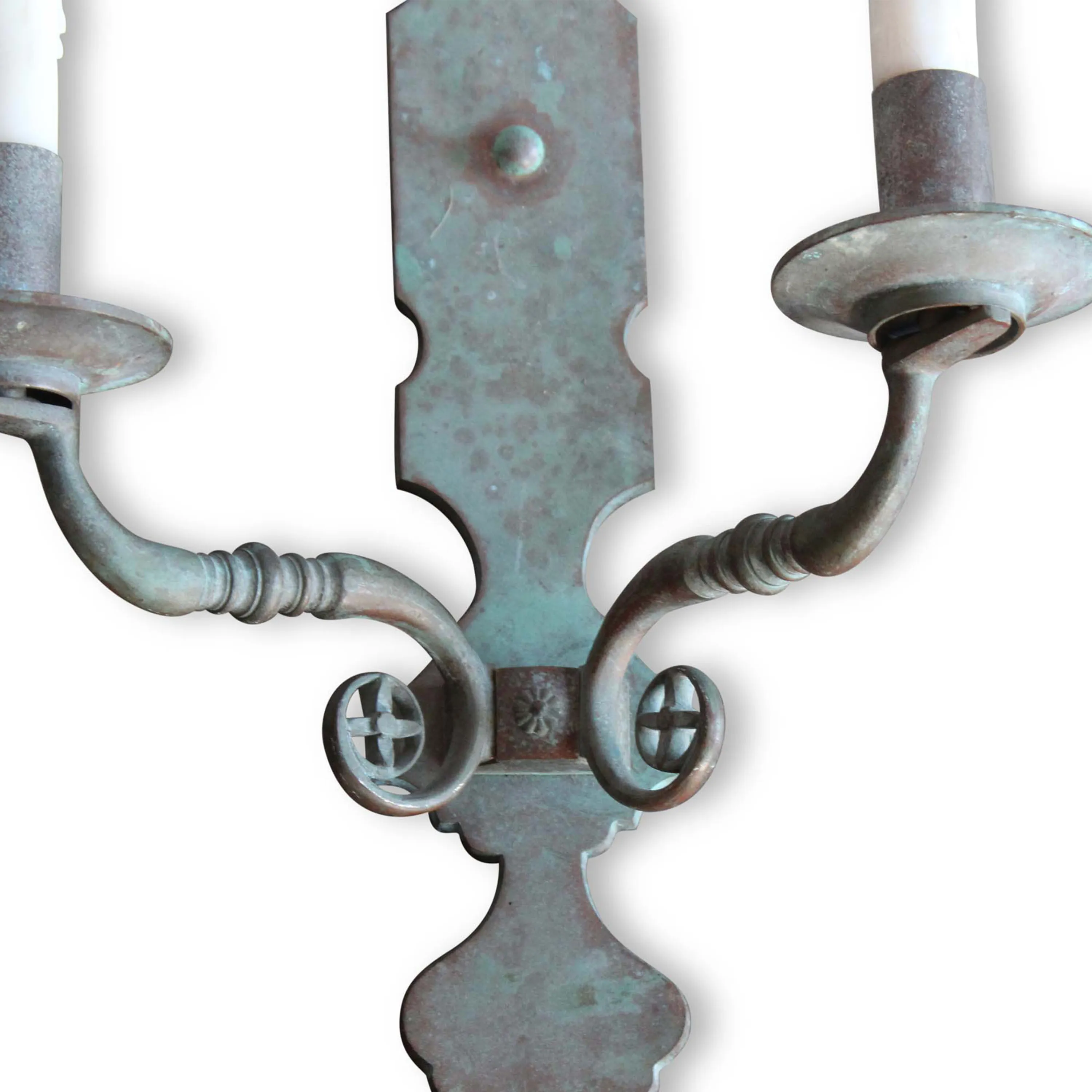 Vintage Pair of Iron Sconces with Verdigris Patina