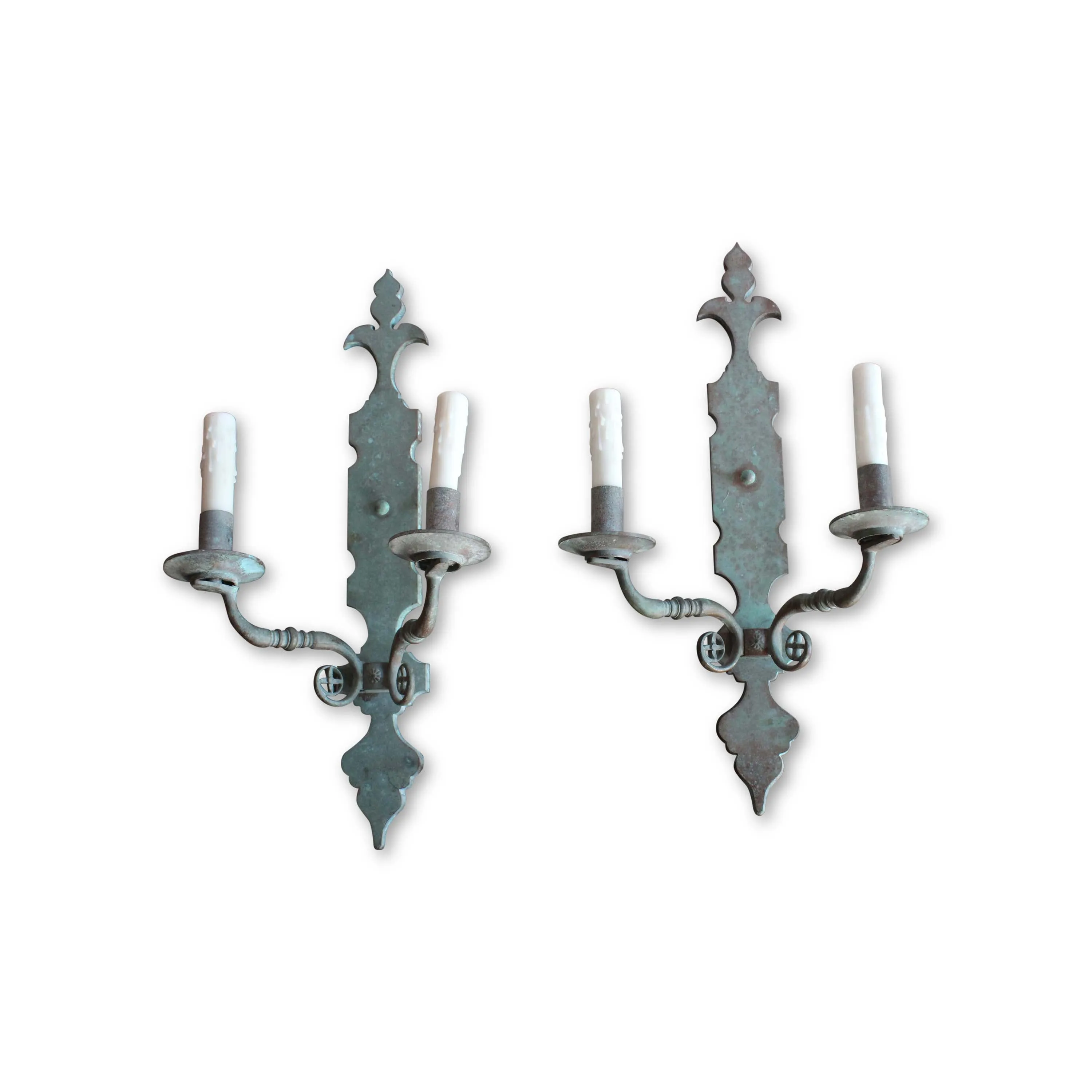 Vintage Pair of Iron Sconces with Verdigris Patina