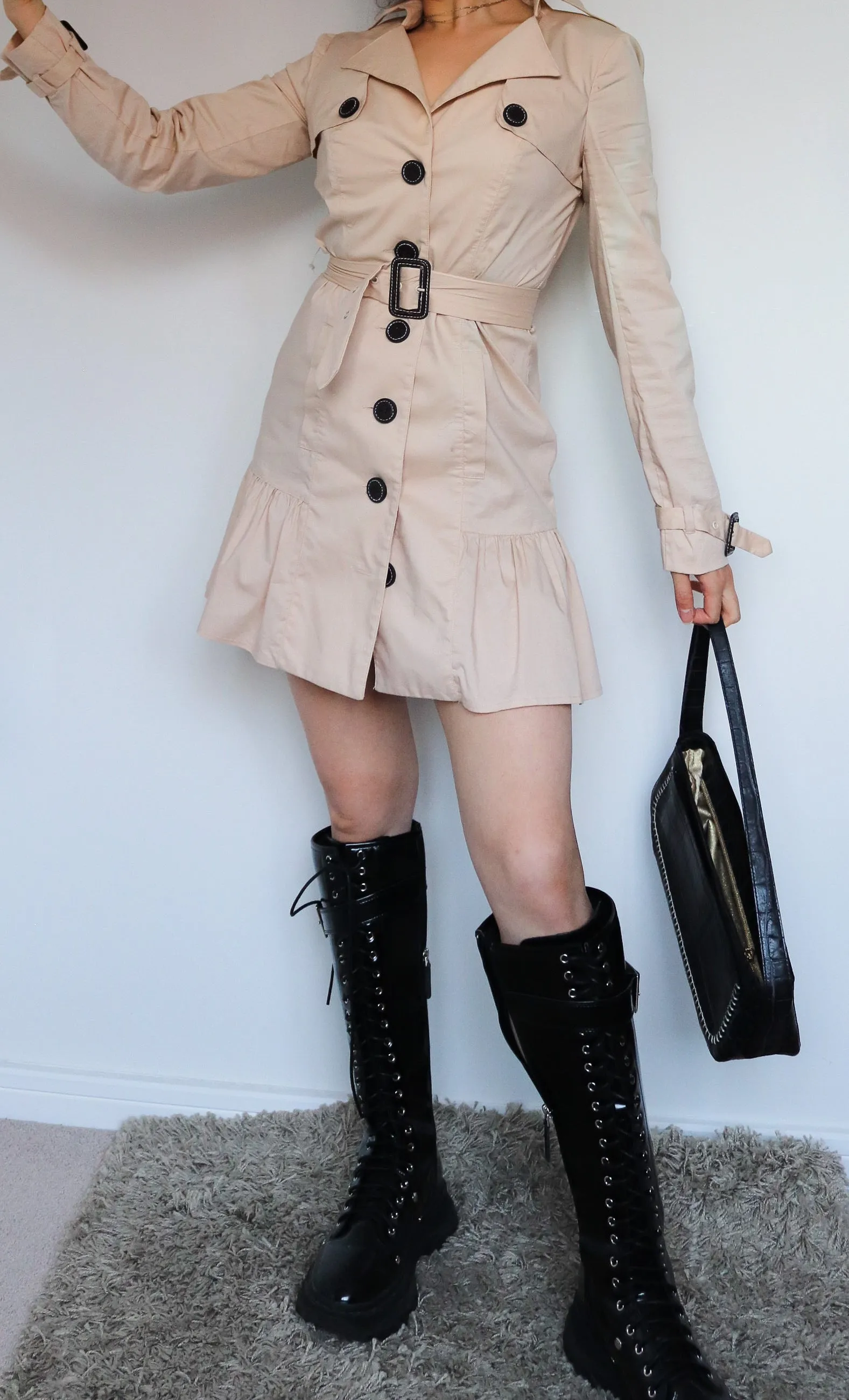 VINTAGE TRENCH  COAT BLAZER JACKET BELT CUTE DRESS WITH RUFFLE HEM FRONT BUTTONS