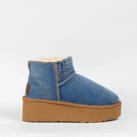 Womens Ultra Mini Platform Boots in Classic Denim